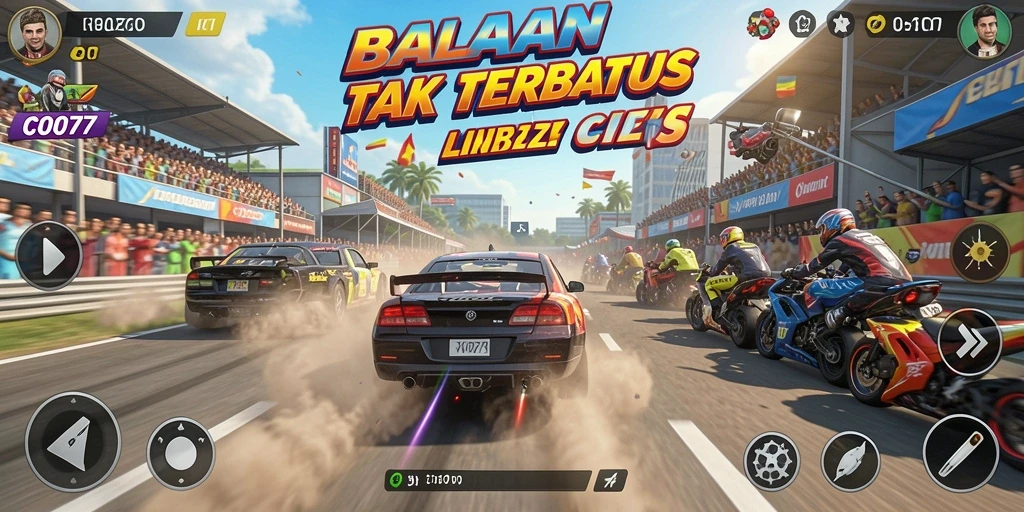Tampilan gameplay mendebarkan dalam C0077 di lintasan balapan.